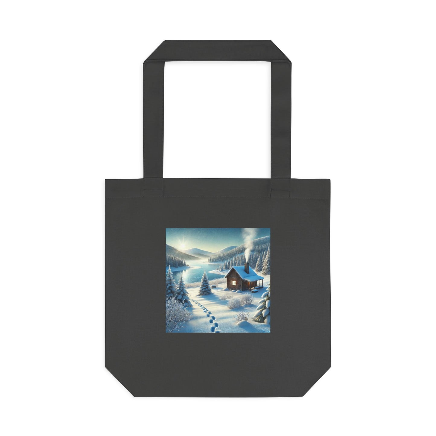 Snowy Cabin Winter Lake Landscape Art Tote Bag