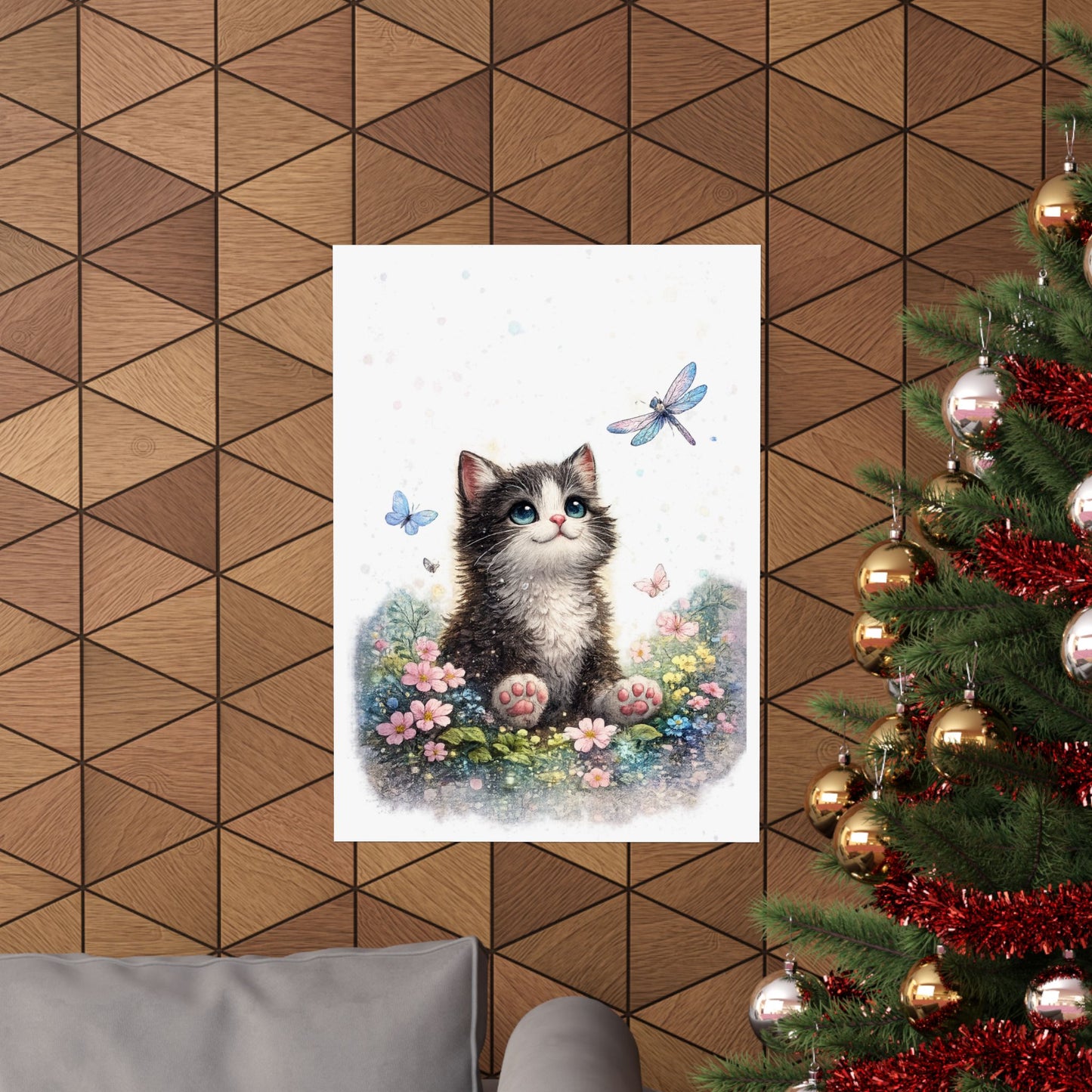 Whimsical Kitten Butterfly Garden Art Poster