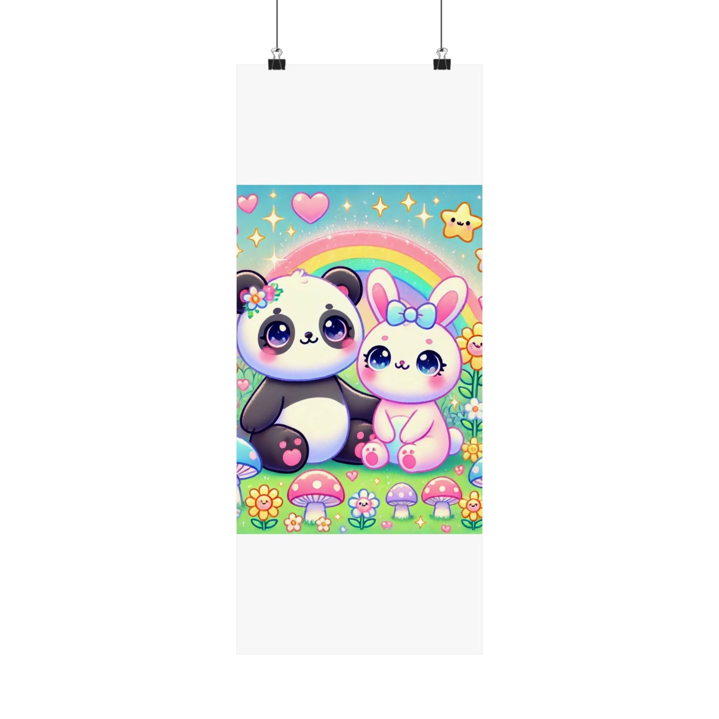 Pastel Panda and Bunny Rainbow Garden Wall Art Poster