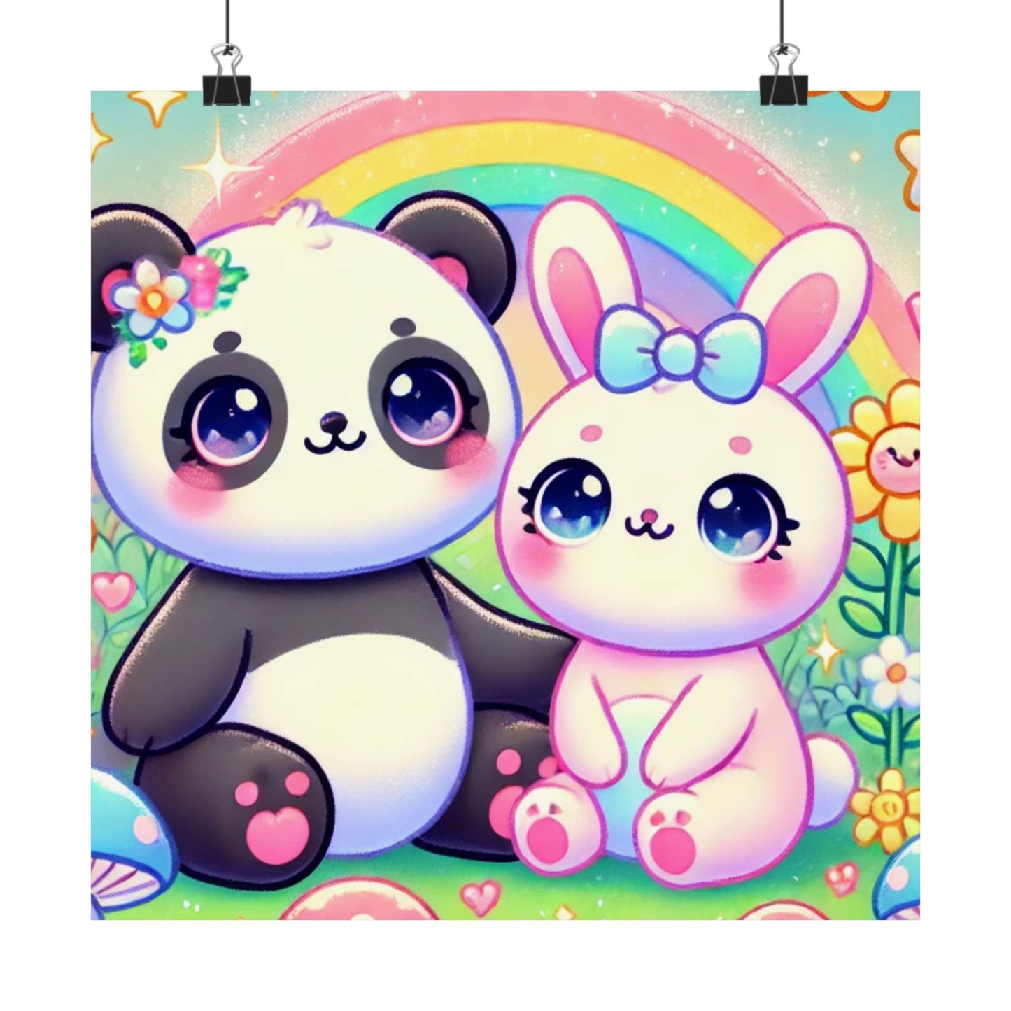 Pastel Panda and Bunny Rainbow Garden Wall Art Poster