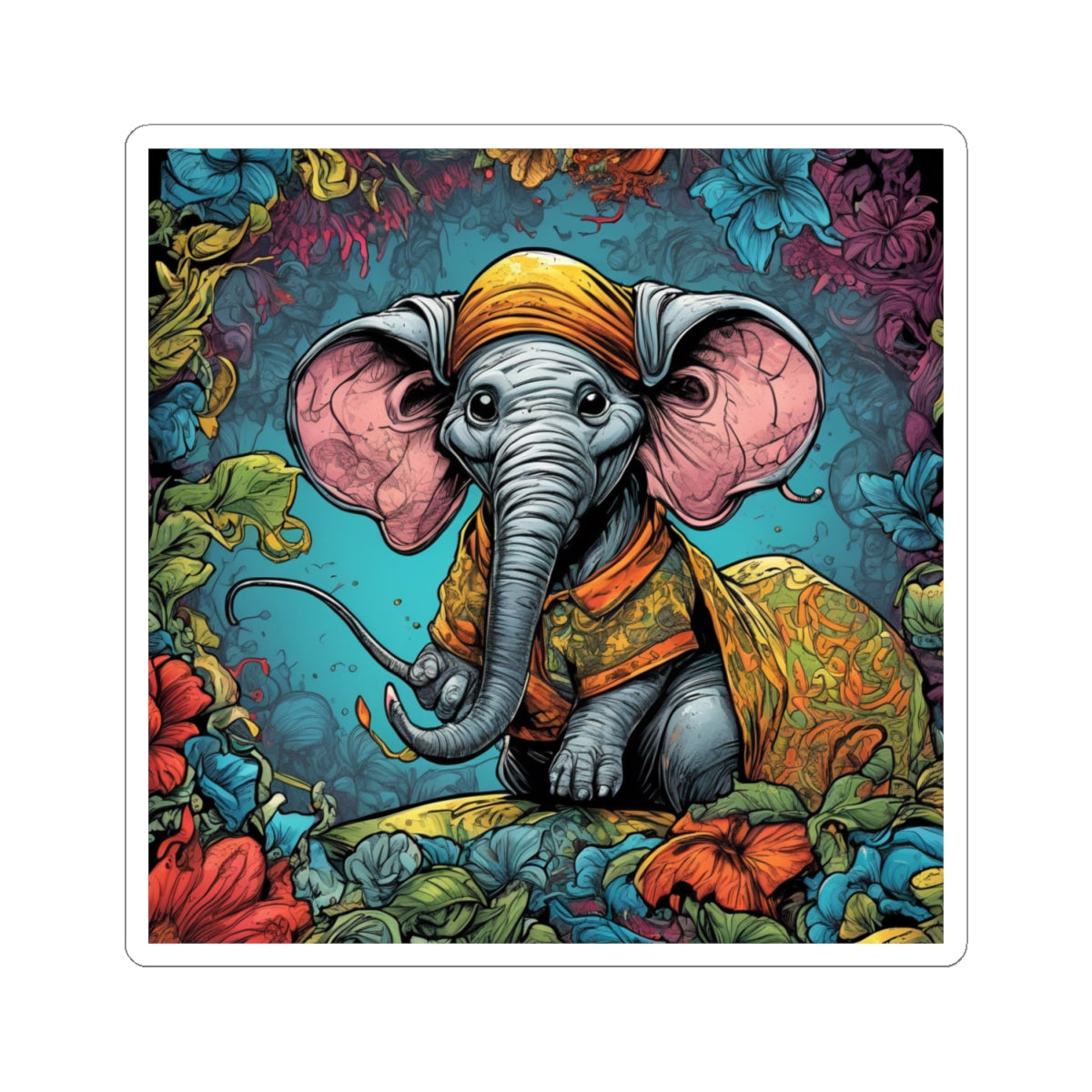 Colorful Storybook Elephant Floral Garden Sticker