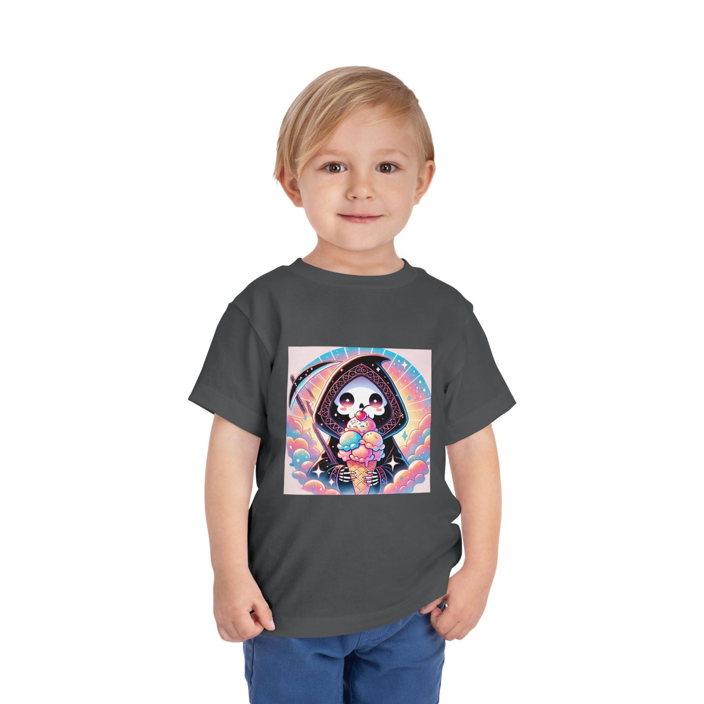Grim Reaper with Ice Cream Kawaii Anime Toddler Tee - Adorable Short Sleeve Shirt for Kids - Fun & Stylish Gift Idea!