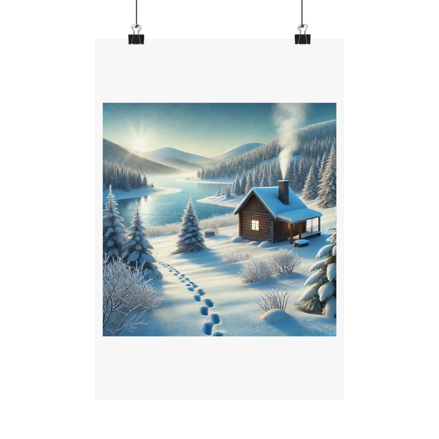 Snowy Cabin Winter Lake Landscape Art Poster
