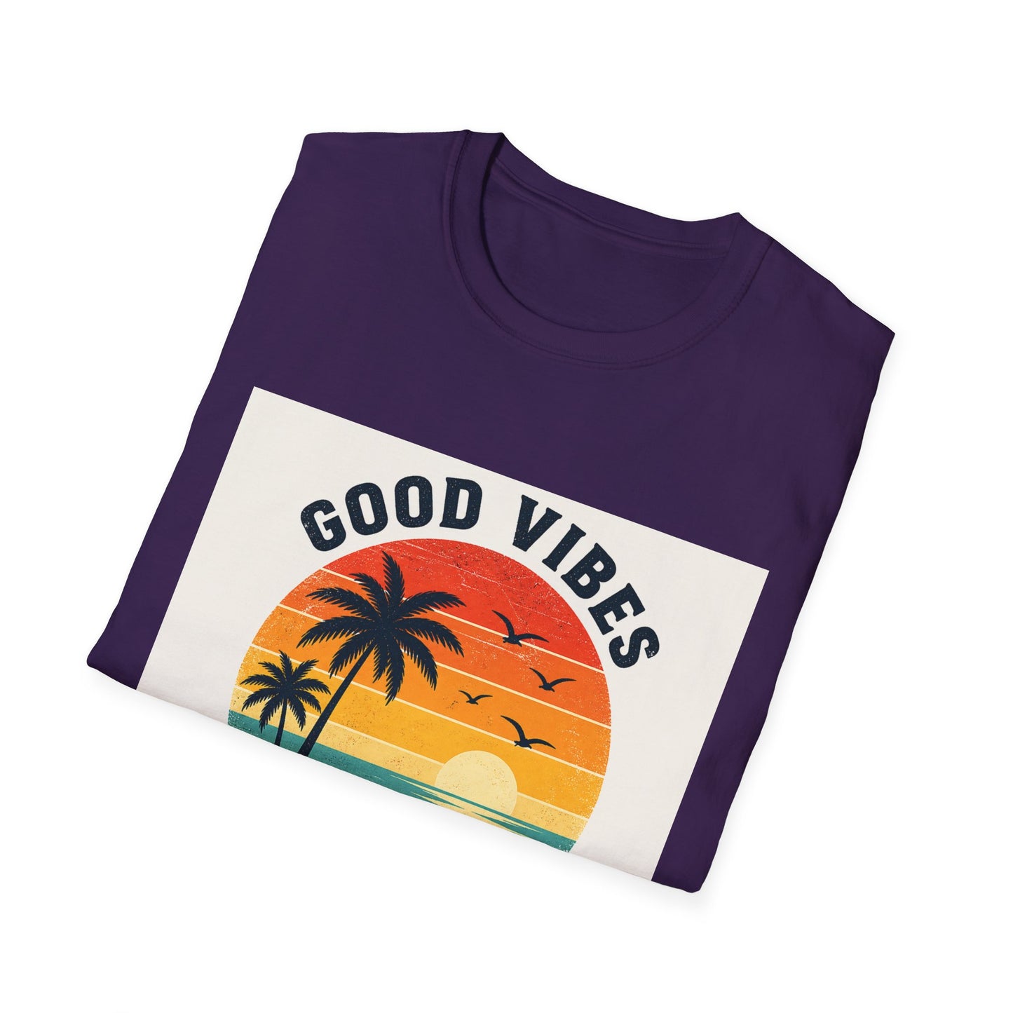 Good Vibes High Tides T-Shirt | Retro Sunset Palm Beach Design