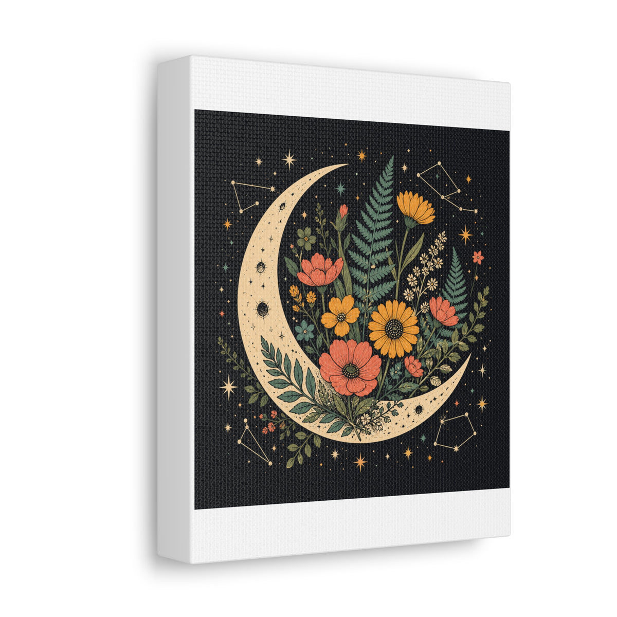 Celestial Wildflower Crescent Moon Botanical Canvas Art