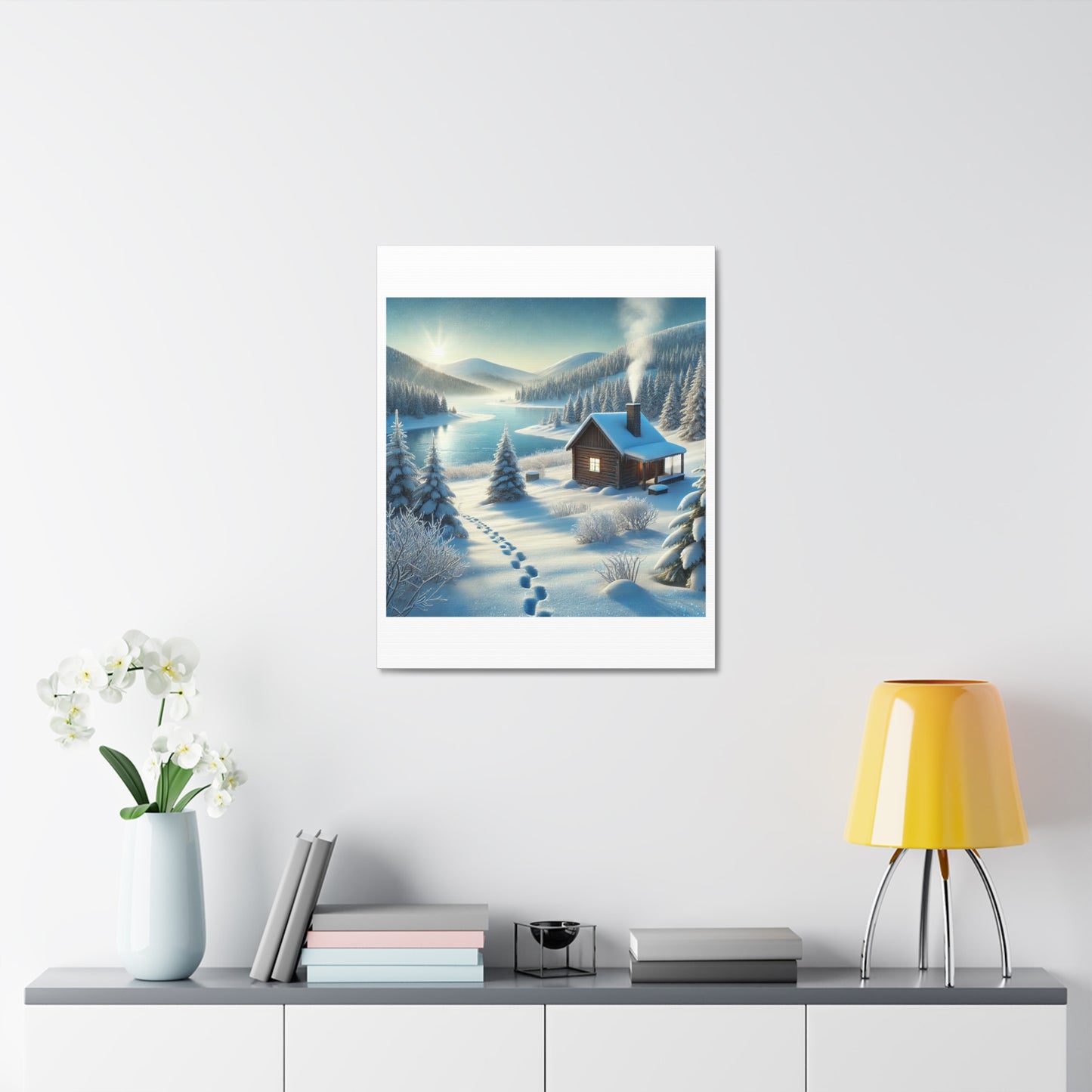 Snowy Cabin Winter Lake Landscape Art Canvas