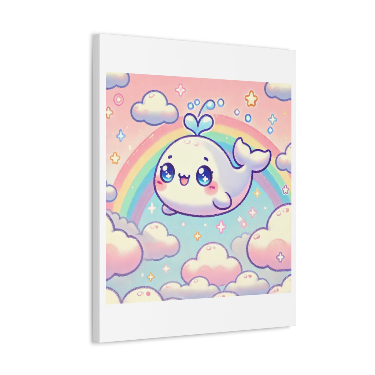 Kawaii Rainbow Whale Pastel Cloud Canvas Wall Art