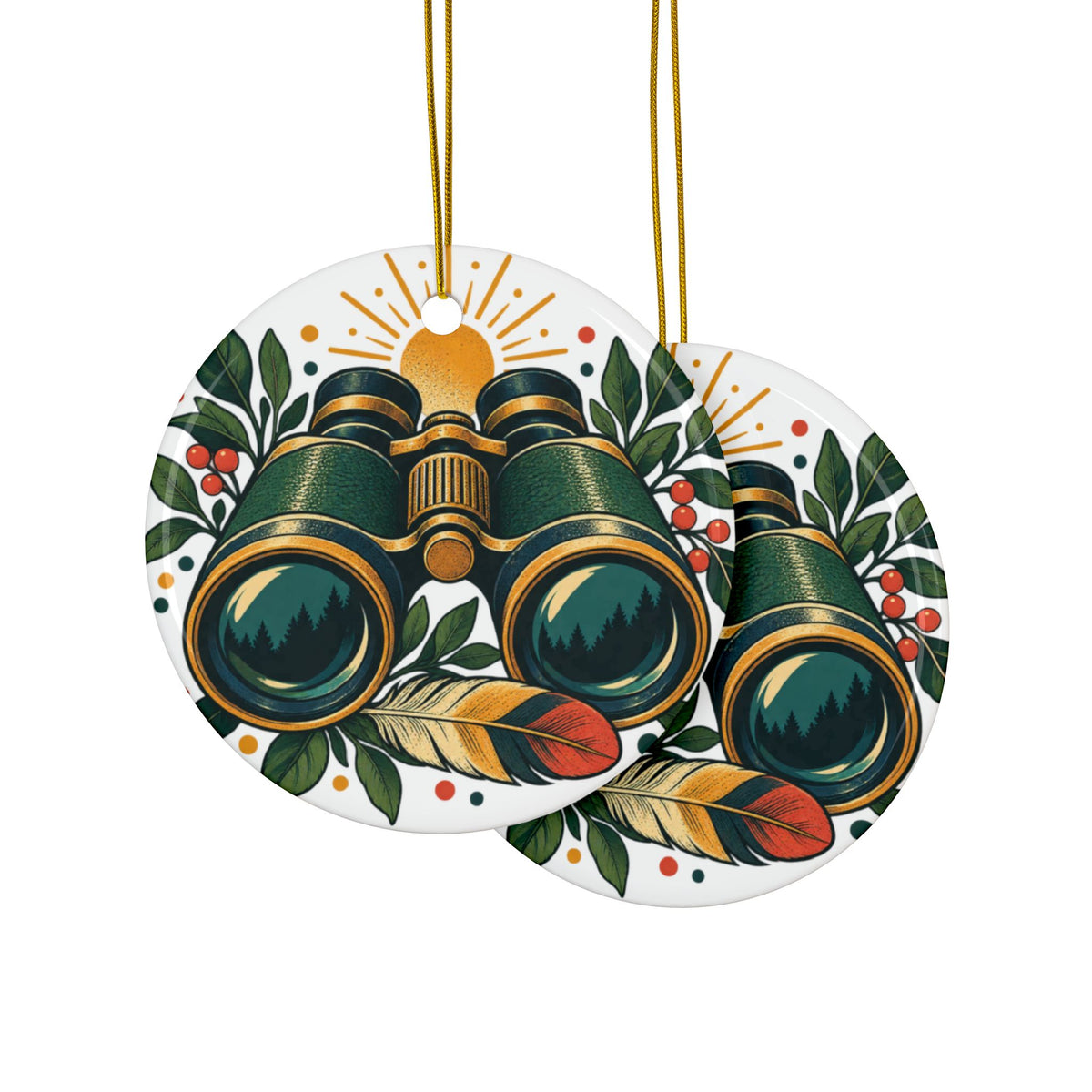 Retro Binoculars and Botanical Birdwatching Art Round Ornament