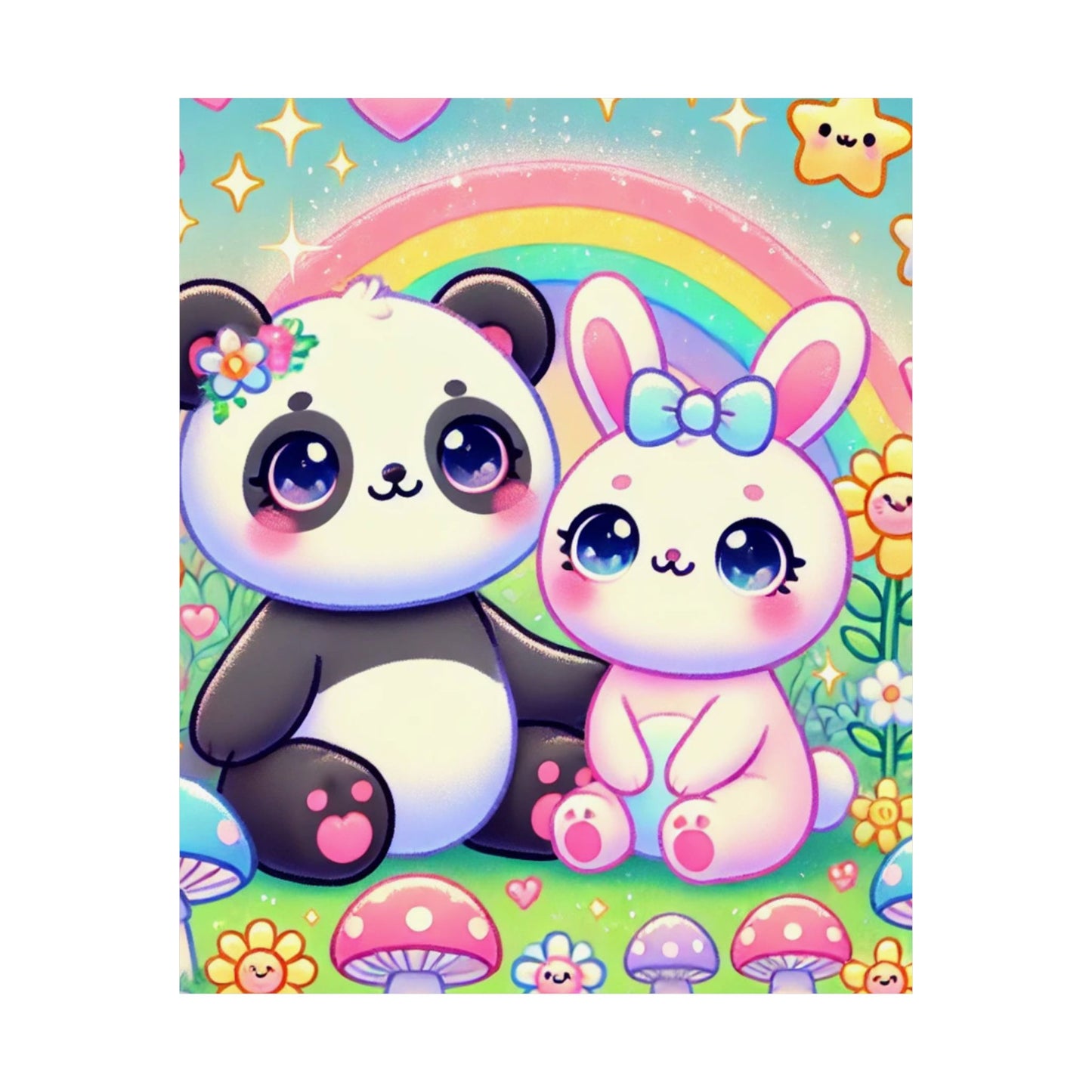 Pastel Panda and Bunny Rainbow Garden Wall Art Poster