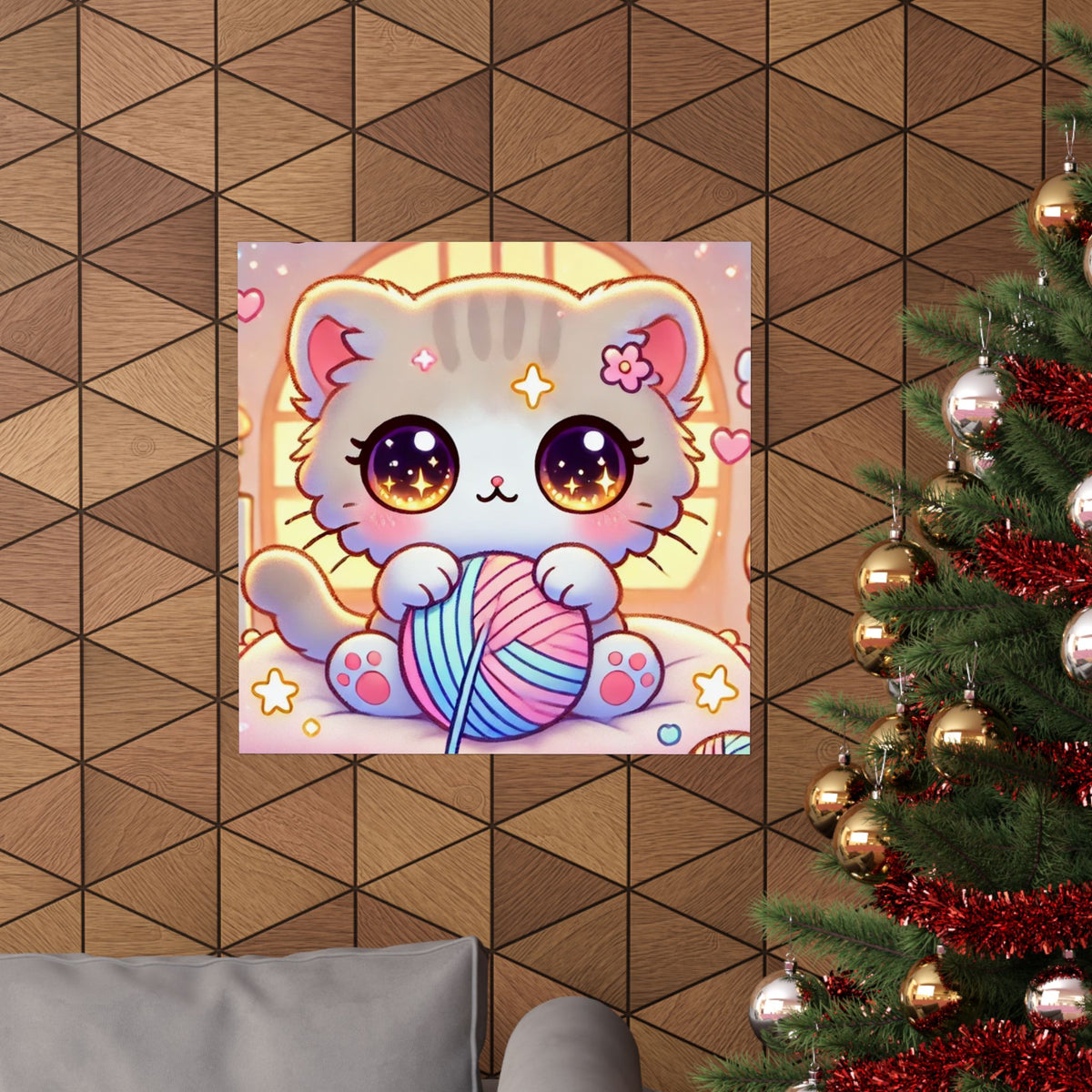 Cozy Kawaii Knitting Cat Pastel Yarn Wall Art Poster