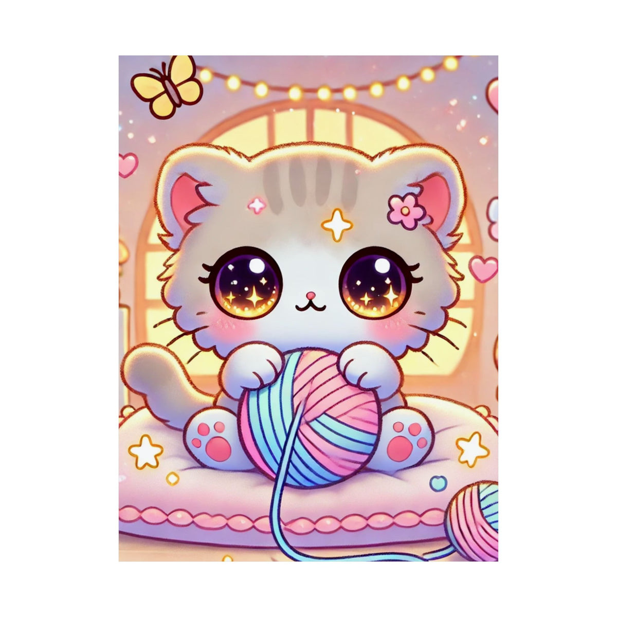 Cozy Kawaii Knitting Cat Pastel Yarn Wall Art Poster