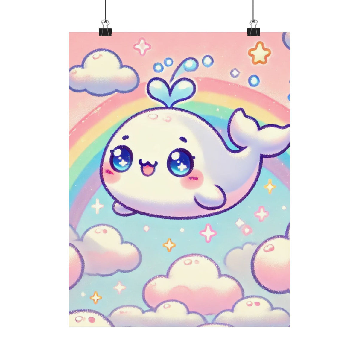 Kawaii Rainbow Whale Pastel Cloud Wall Art Poster