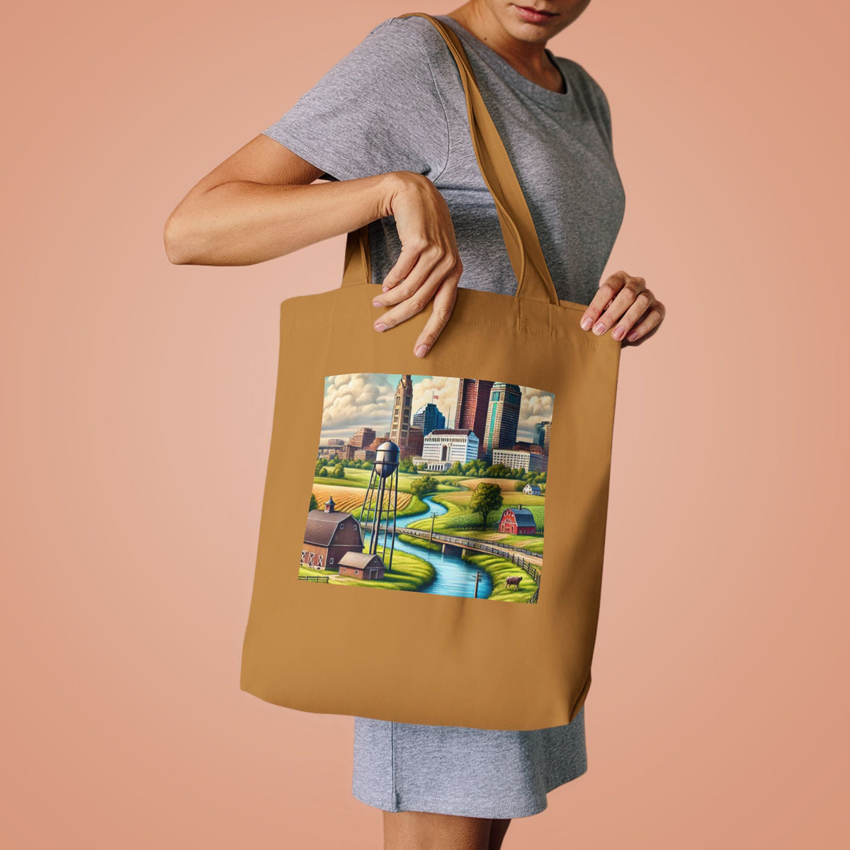 Rural River City Skyline Hometown Landscape Tote Bag