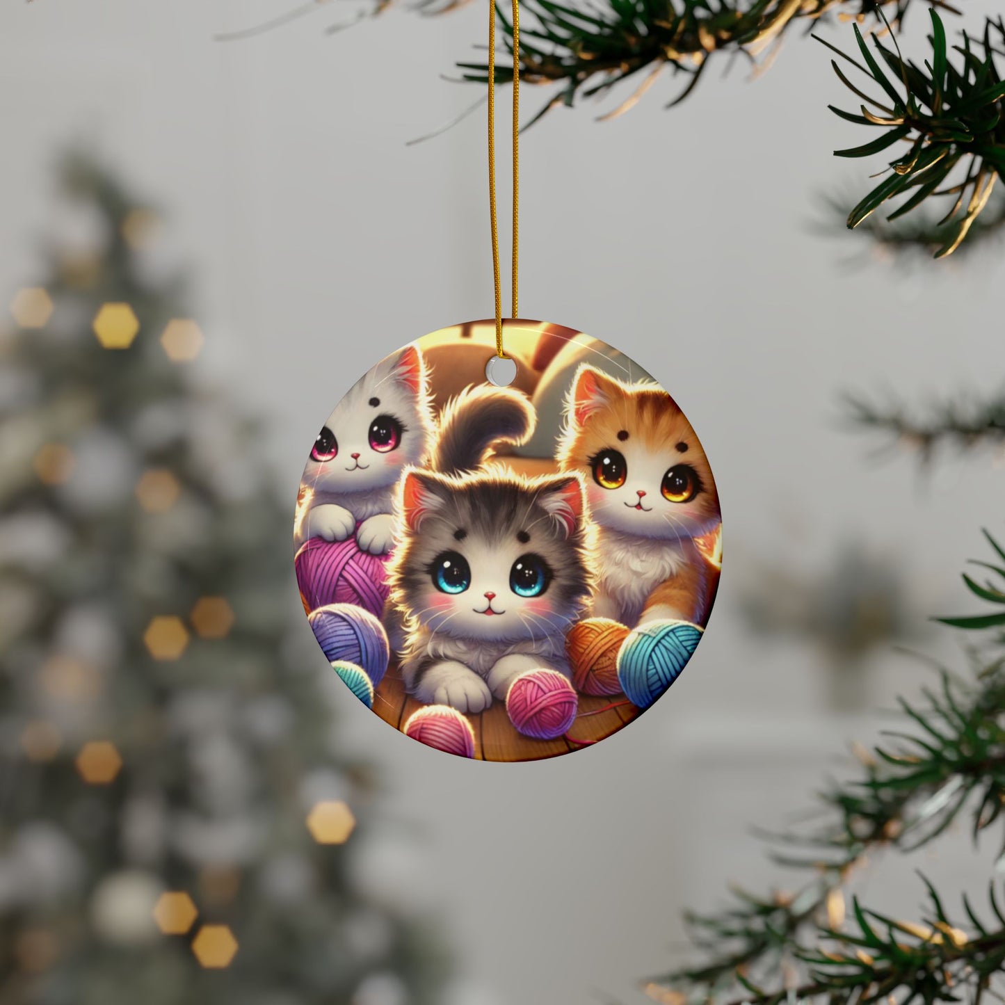 Cozy Yarn Kittens Ceramic Ornament, Holiday Keepsake and Gift