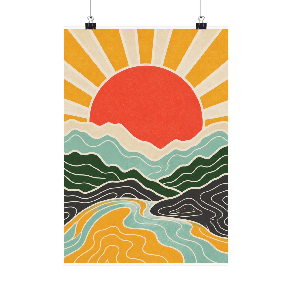 Topographic Sunrise Mid Century Mountain Art Poster