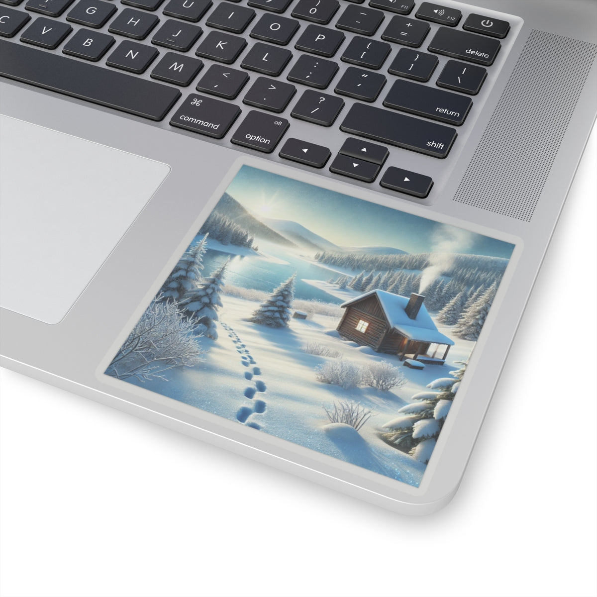 Snowy Cabin Winter Lake Landscape Art Sticker