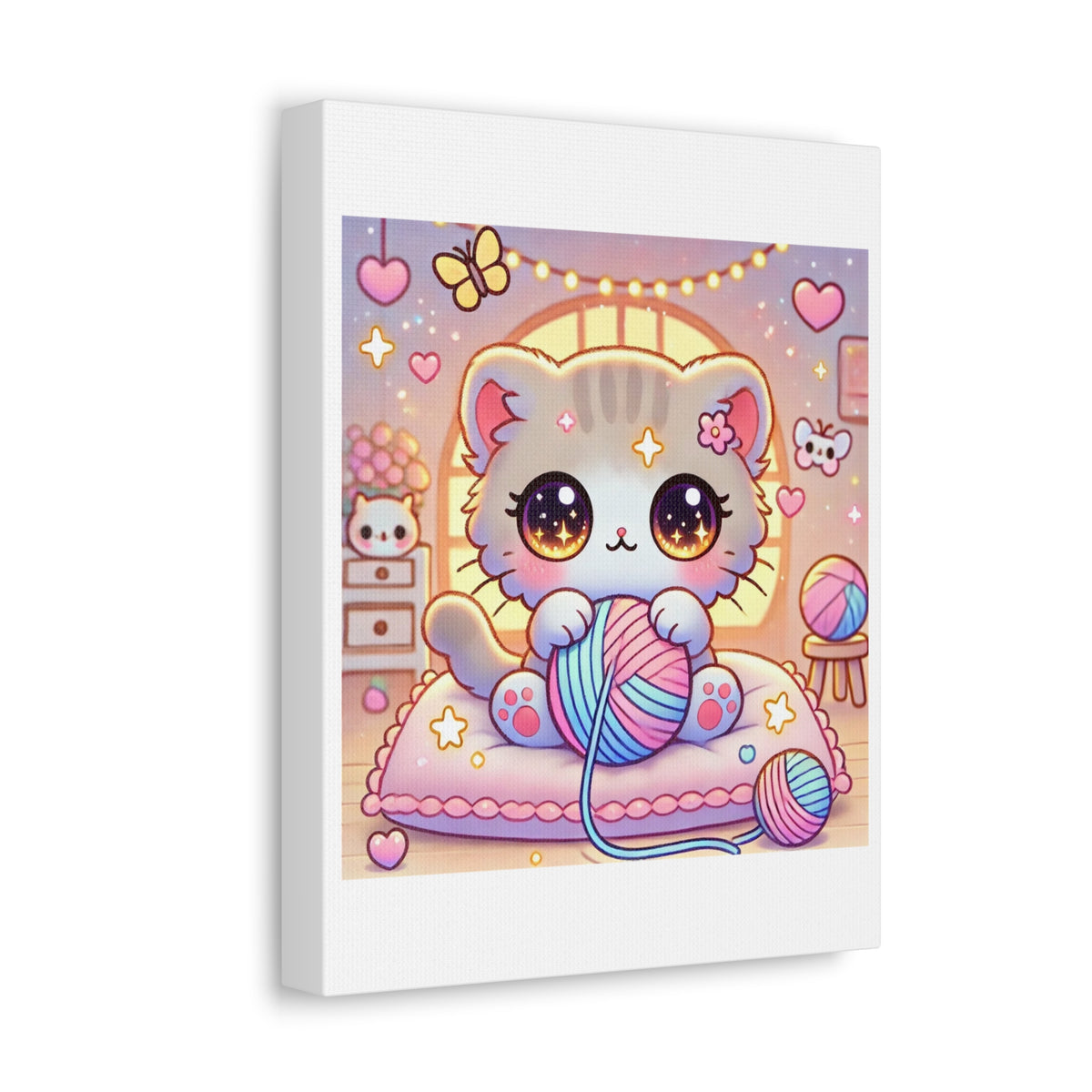 Cozy Kawaii Knitting Cat Pastel Yarn Canvas Wall Art