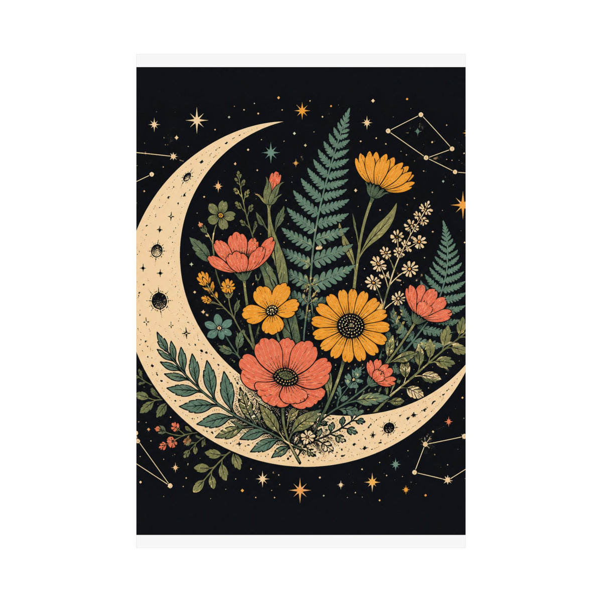 Celestial Wildflower Crescent Moon Botanical Art Poster