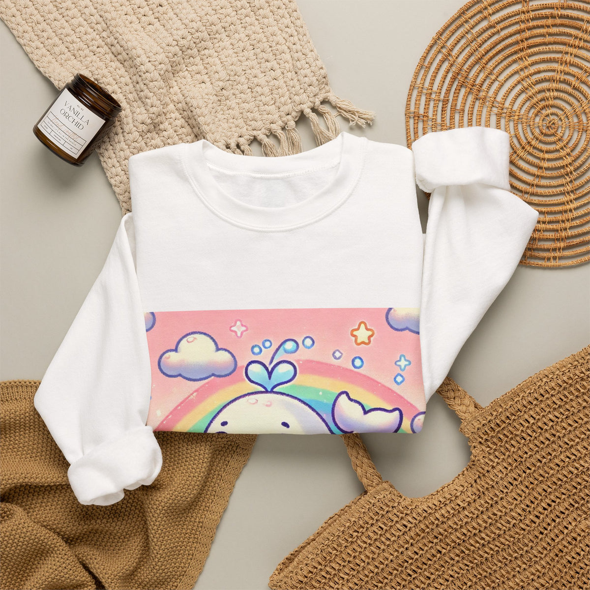 Kawaii Rainbow Whale Pastel Cloud Sweatshirt