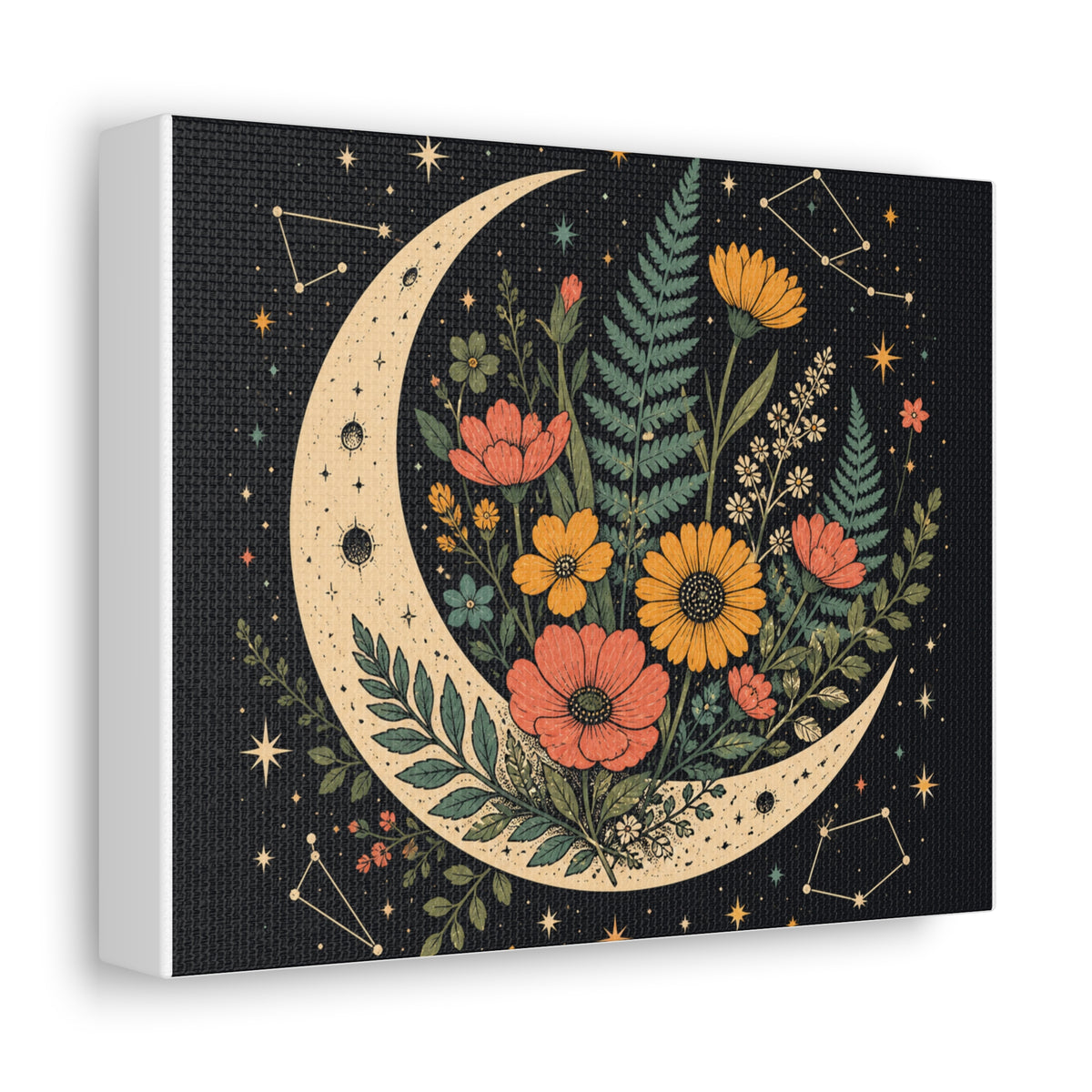Celestial Wildflower Crescent Moon Botanical Canvas Art