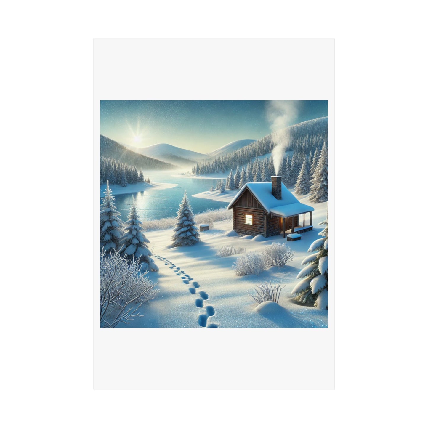 Snowy Cabin Winter Lake Landscape Art Poster