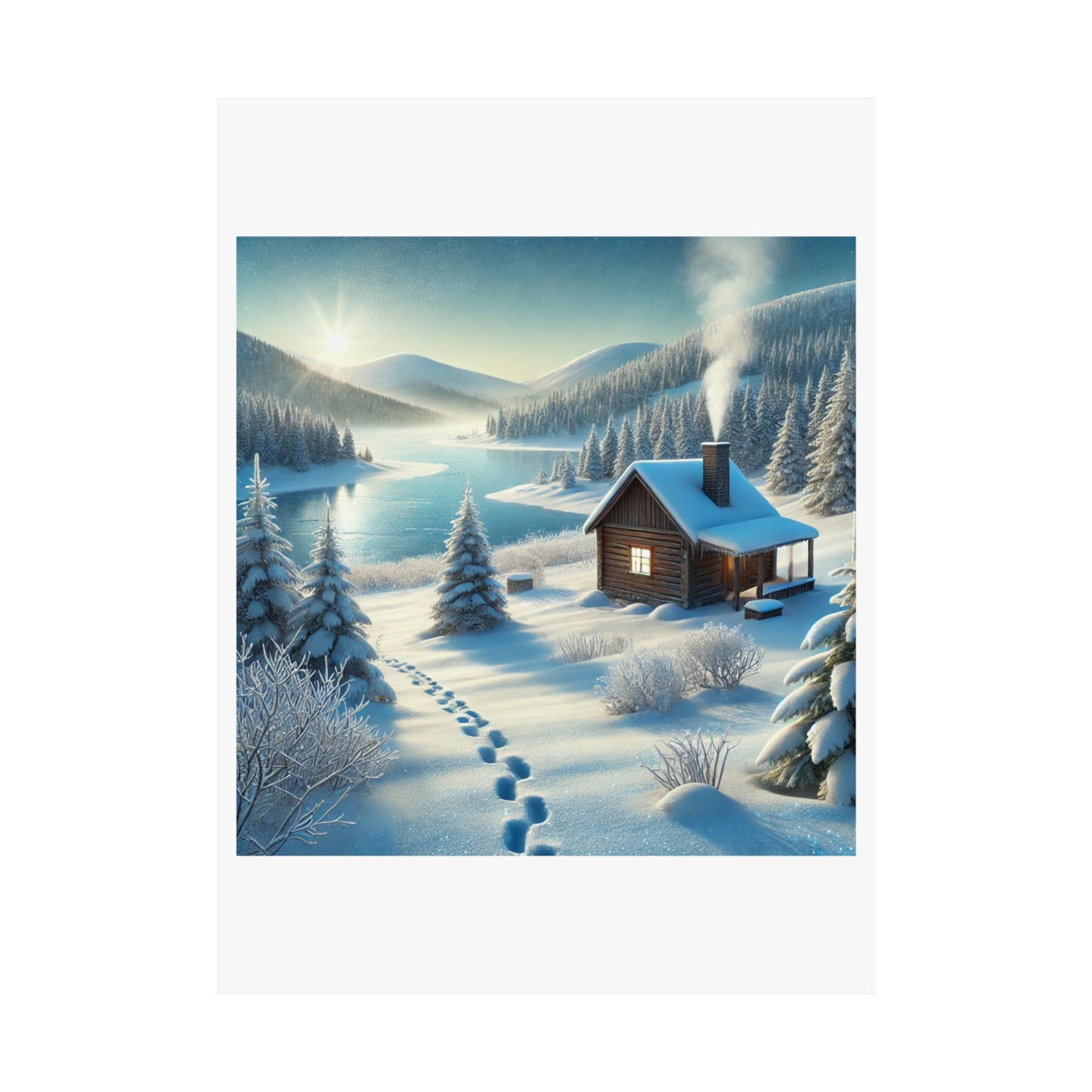 Snowy Cabin Winter Lake Landscape Art Poster
