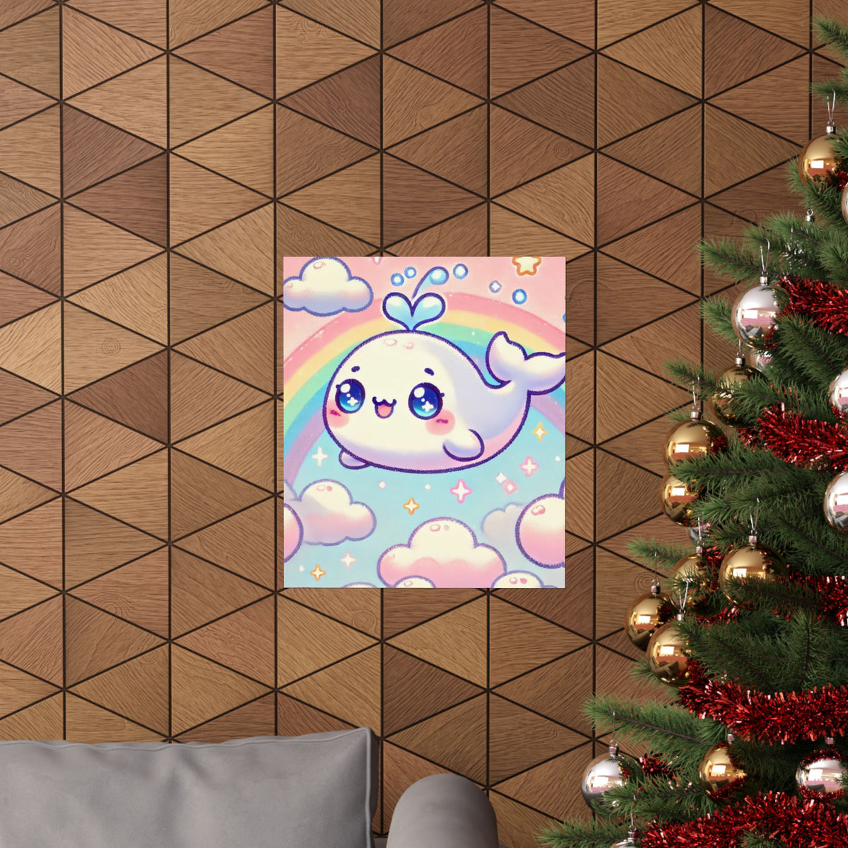 Kawaii Rainbow Whale Pastel Cloud Wall Art Poster