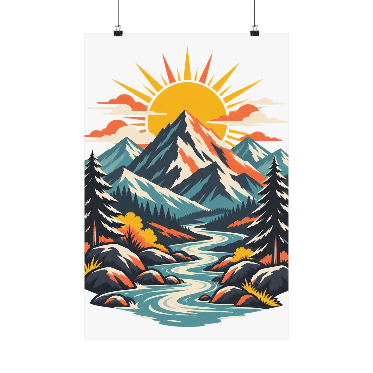 Alpine Sunrise River Mountain Adventure Art Poster