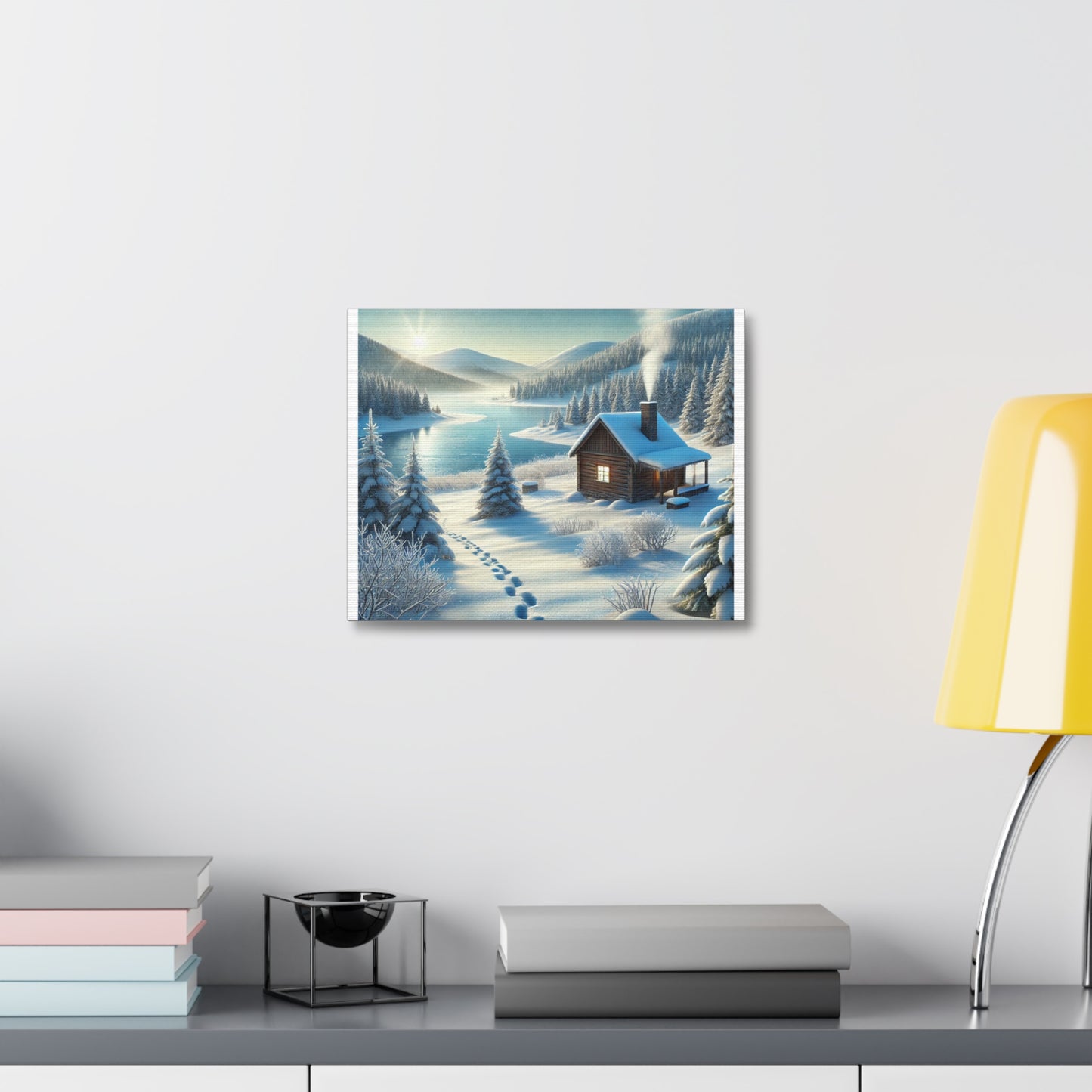 Snowy Cabin Winter Lake Landscape Art Canvas