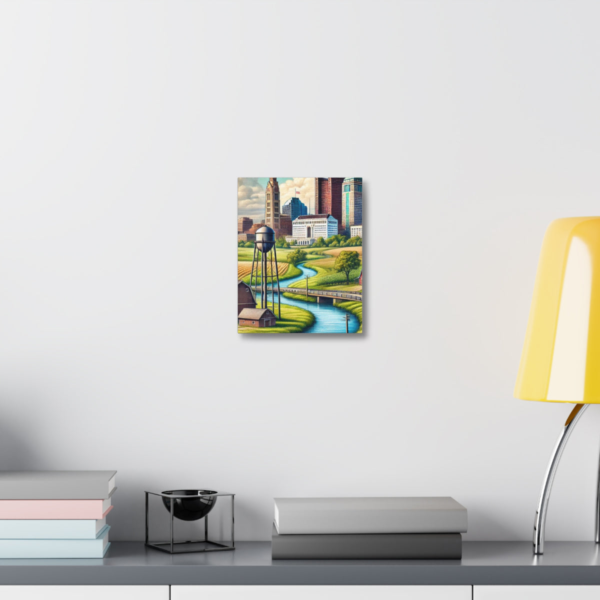 Rural River City Skyline Hometown Landscape Canvas Wall Art
