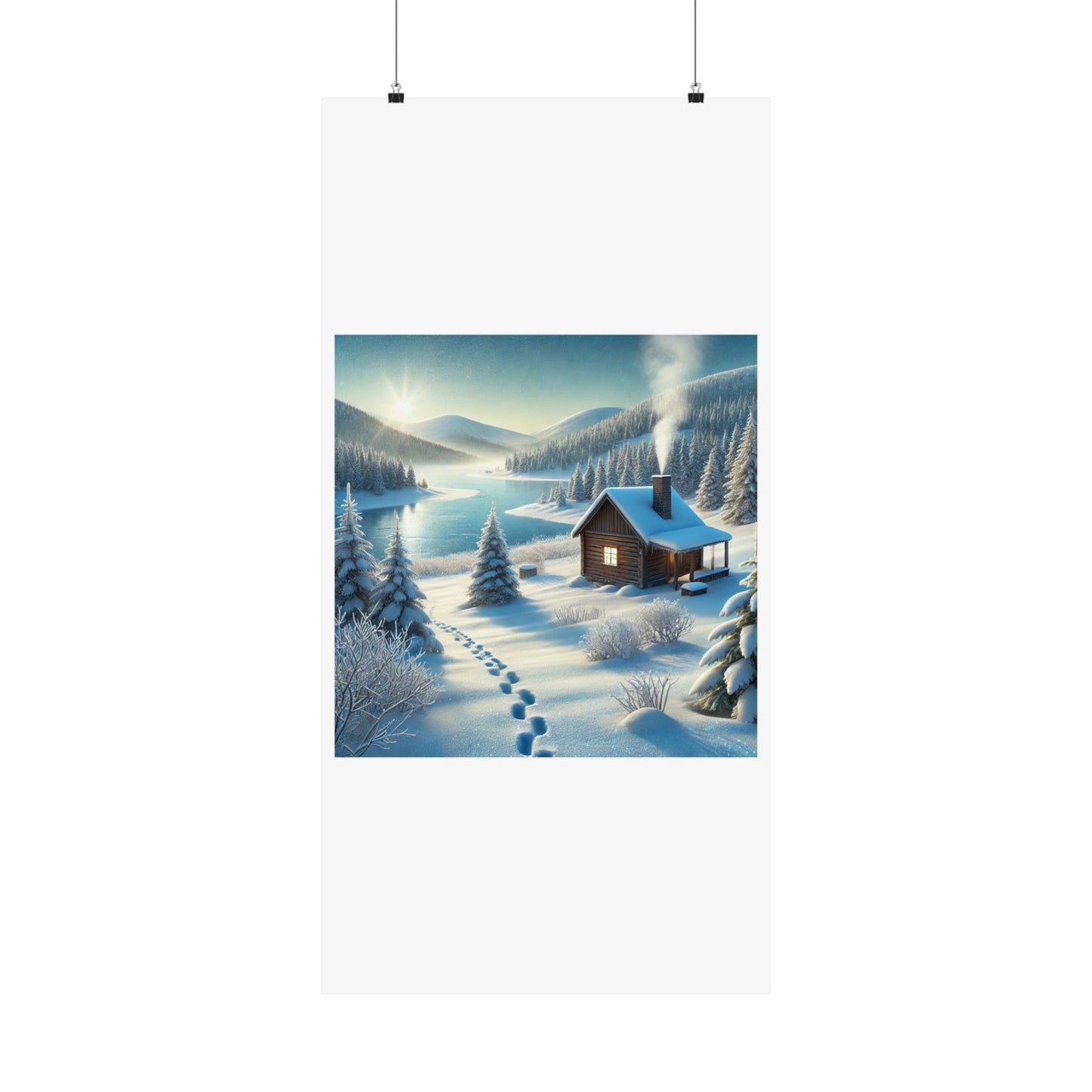 Snowy Cabin Winter Lake Landscape Art Poster