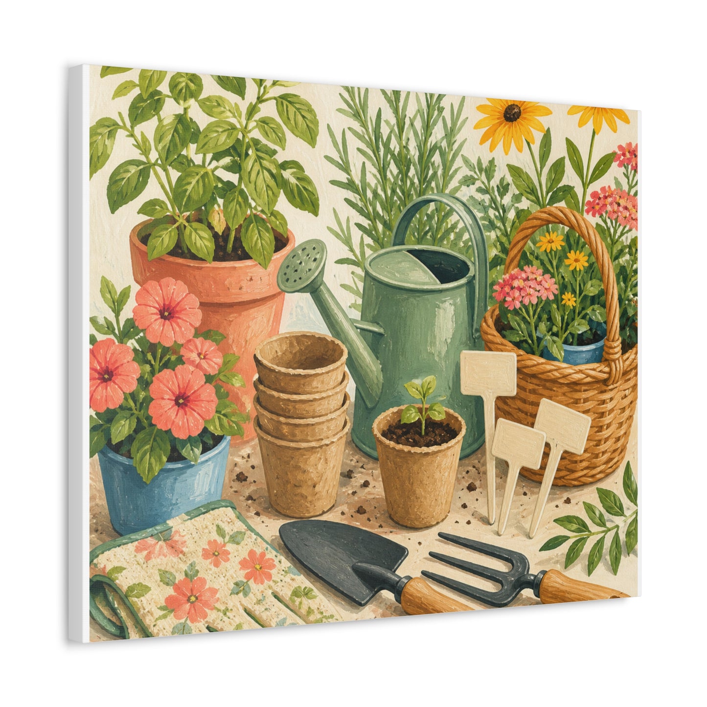 Colorful Gardening Tools and Flowers Canvas Art