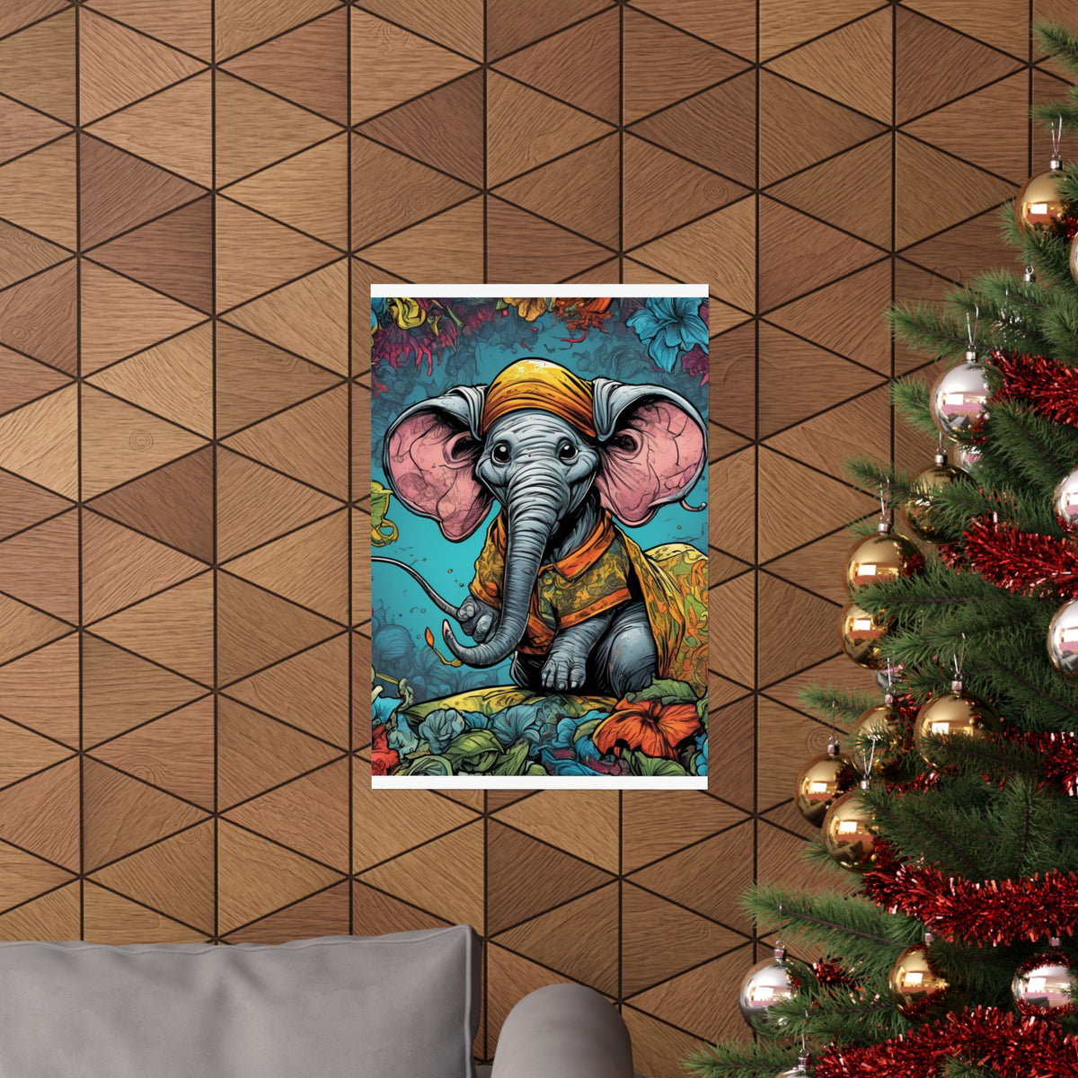 Colorful Storybook Elephant Floral Garden Wall Art Poster