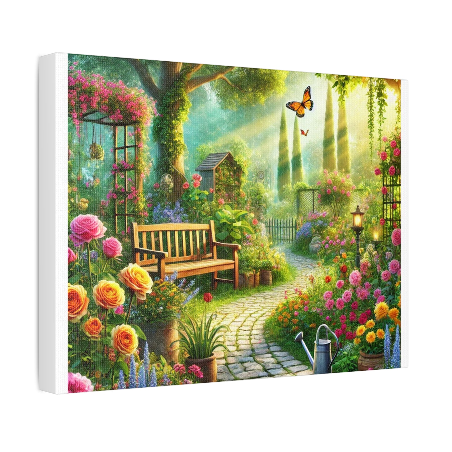 Sunlit Spring Flower Garden Bench Canvas