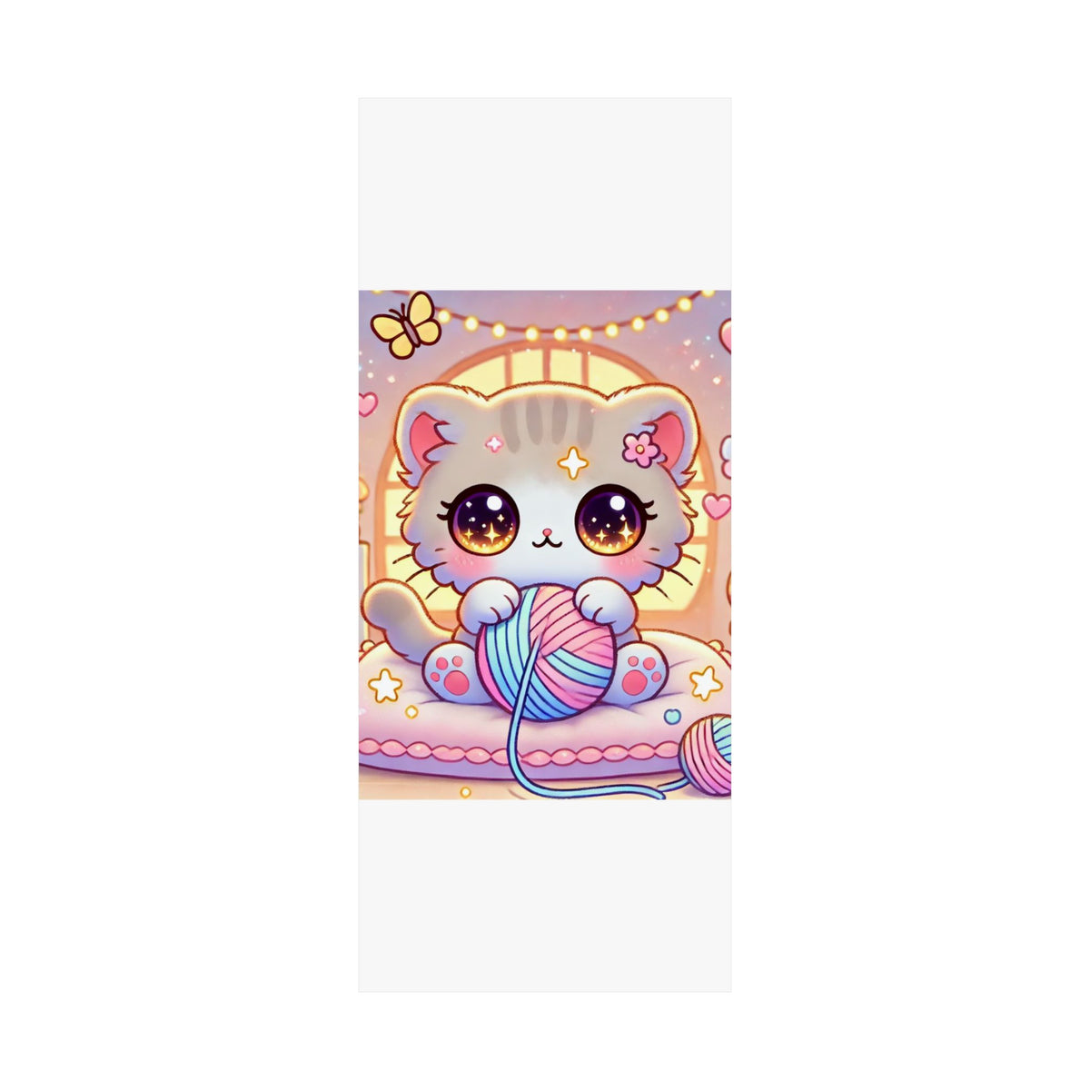 Cozy Kawaii Knitting Cat Pastel Yarn Wall Art Poster