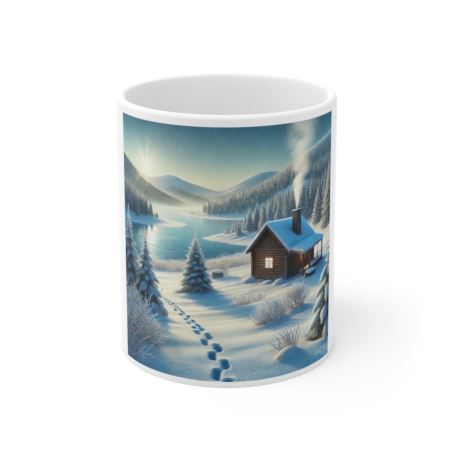 Snowy Cabin Winter Lake Landscape Art Coffee Mug