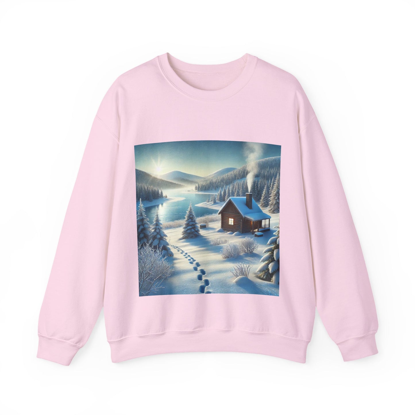 Snowy Cabin Winter Lake Landscape Art Sweatshirt