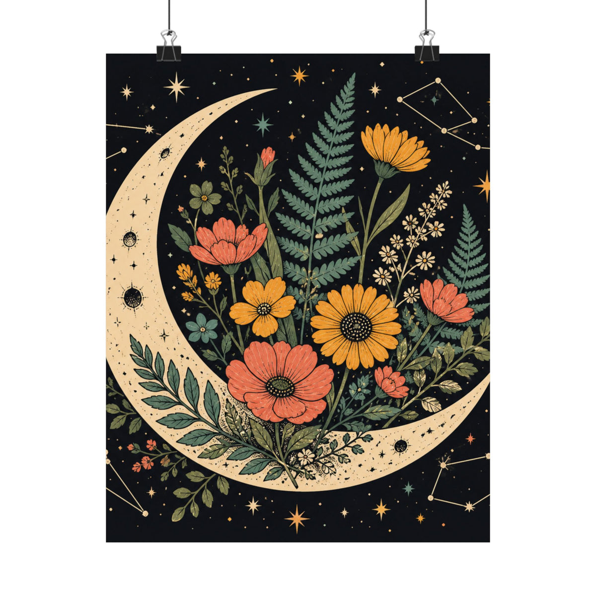 Celestial Wildflower Crescent Moon Botanical Art Poster