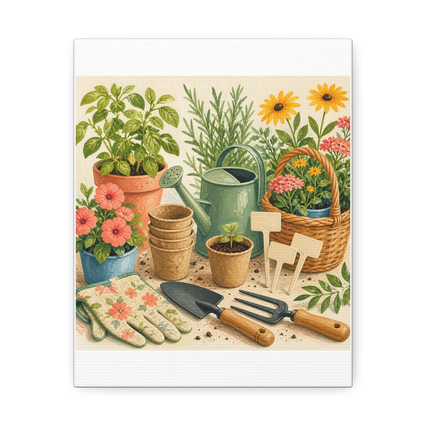 Colorful Gardening Tools and Flowers Canvas Art