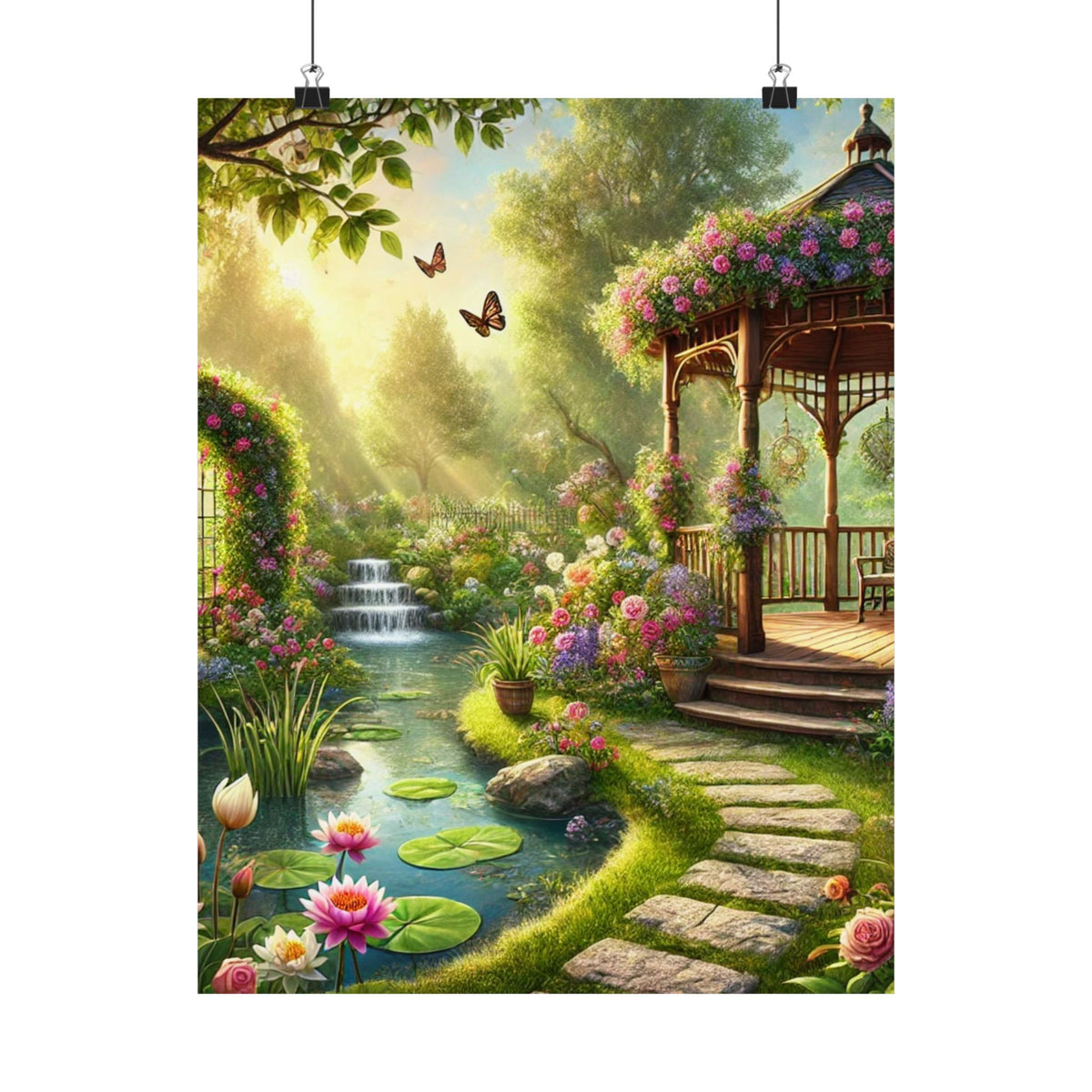 Sunlit Rose Gazebo Cottage Garden Wall Art Poster