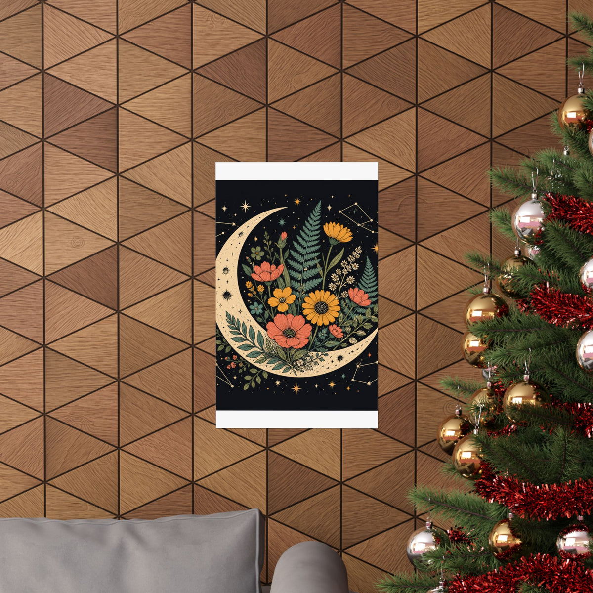 Celestial Wildflower Crescent Moon Botanical Art Poster