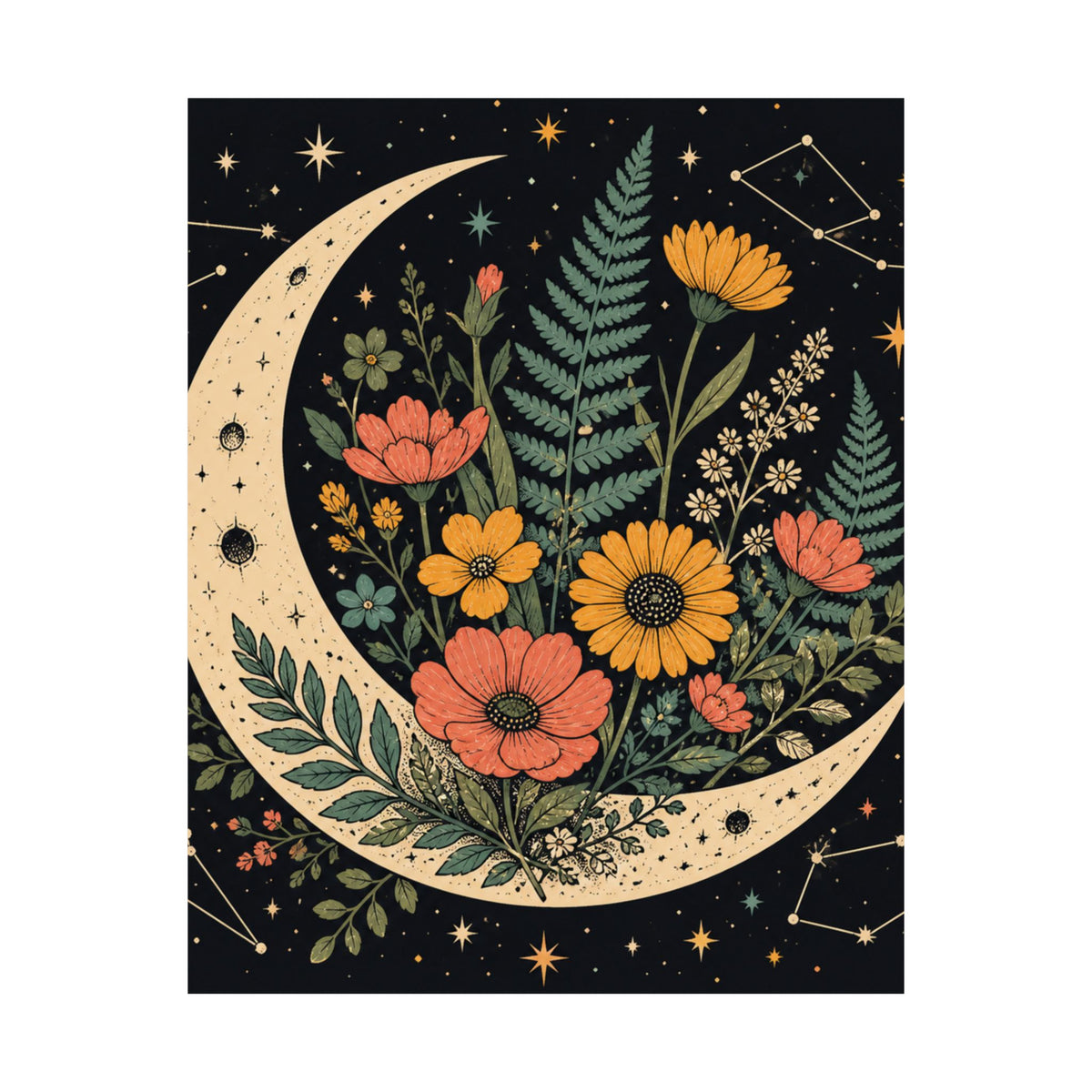 Celestial Wildflower Crescent Moon Botanical Art Poster