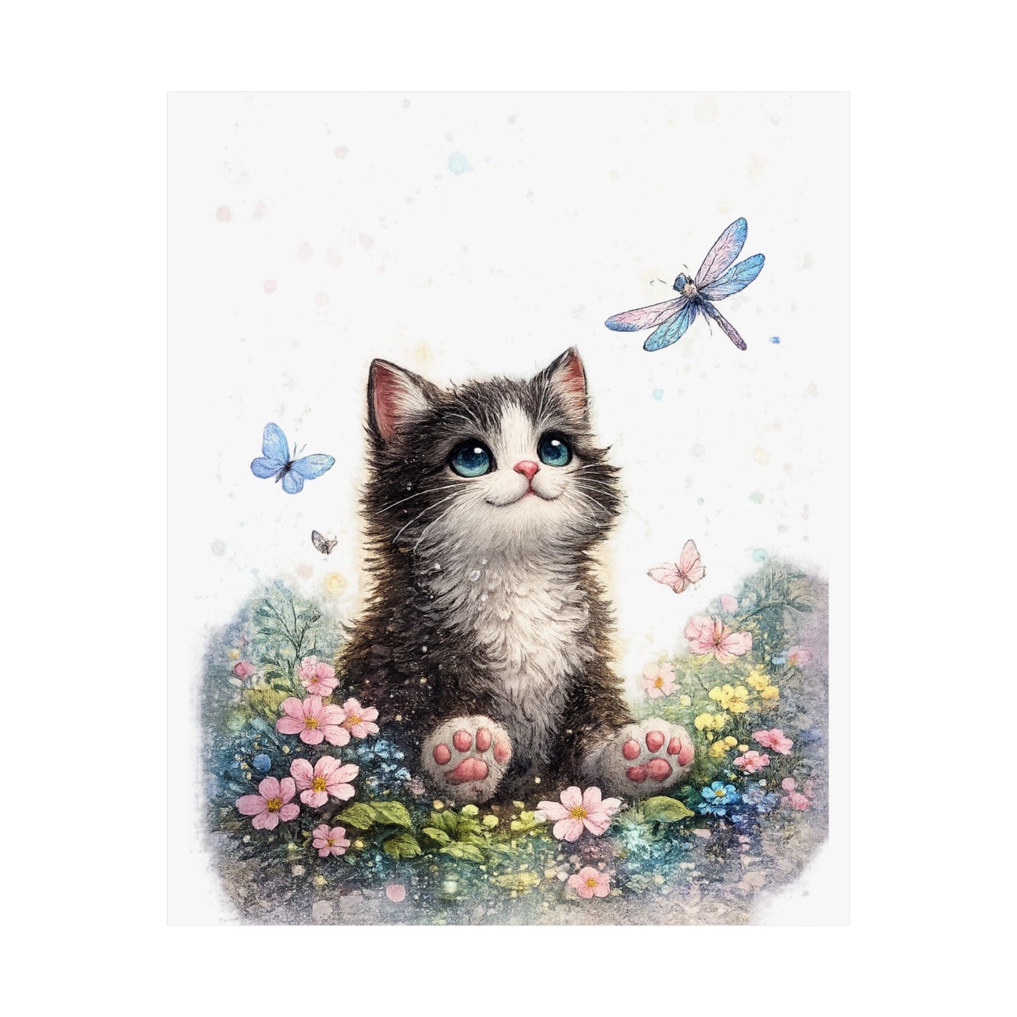 Whimsical Kitten Butterfly Garden Art Poster