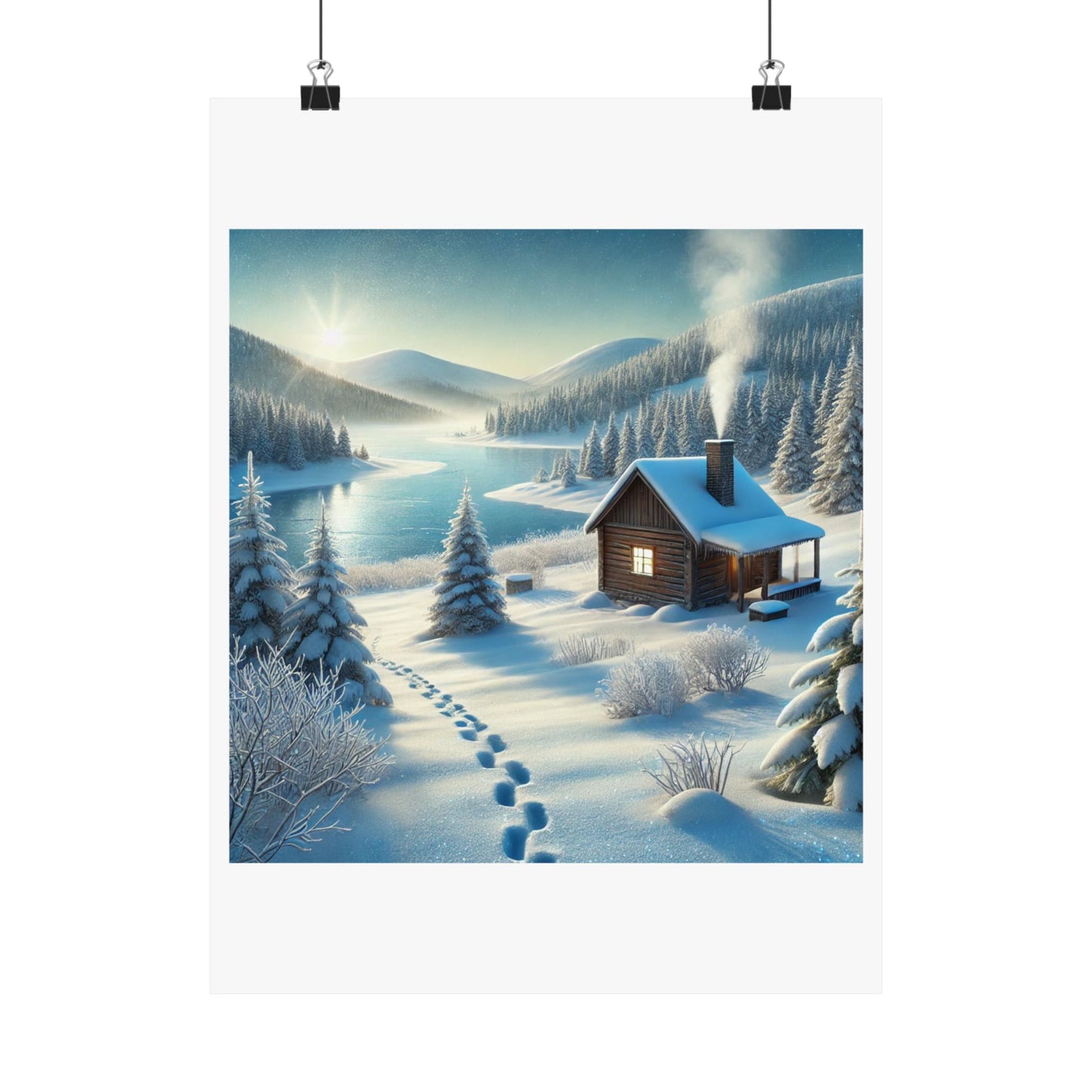Snowy Cabin Winter Lake Landscape Art Poster
