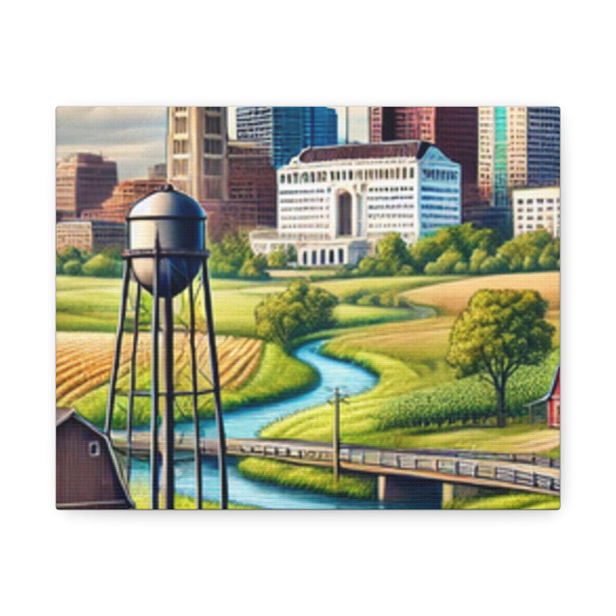 Rural River City Skyline Hometown Landscape Canvas Wall Art