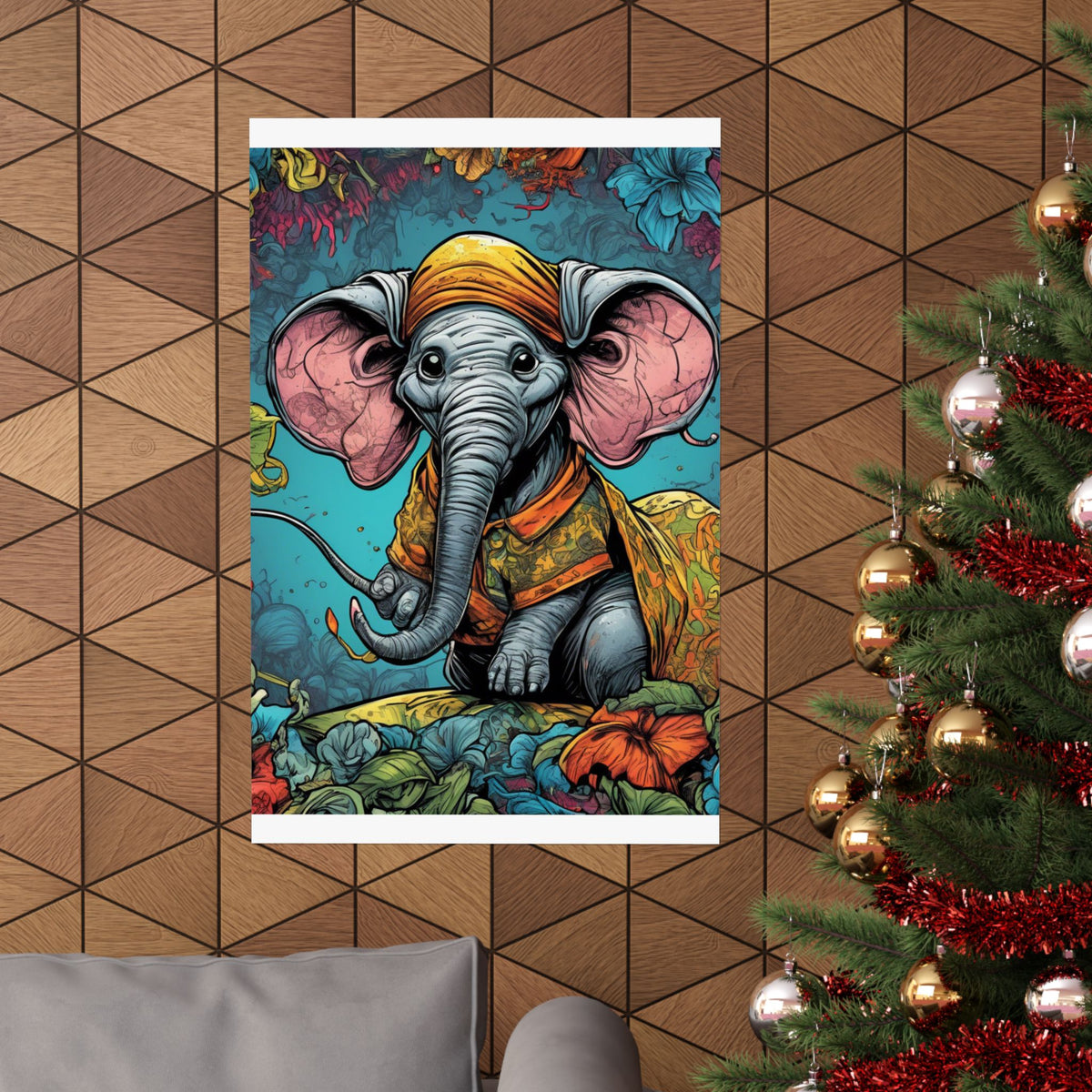 Colorful Storybook Elephant Floral Garden Wall Art Poster
