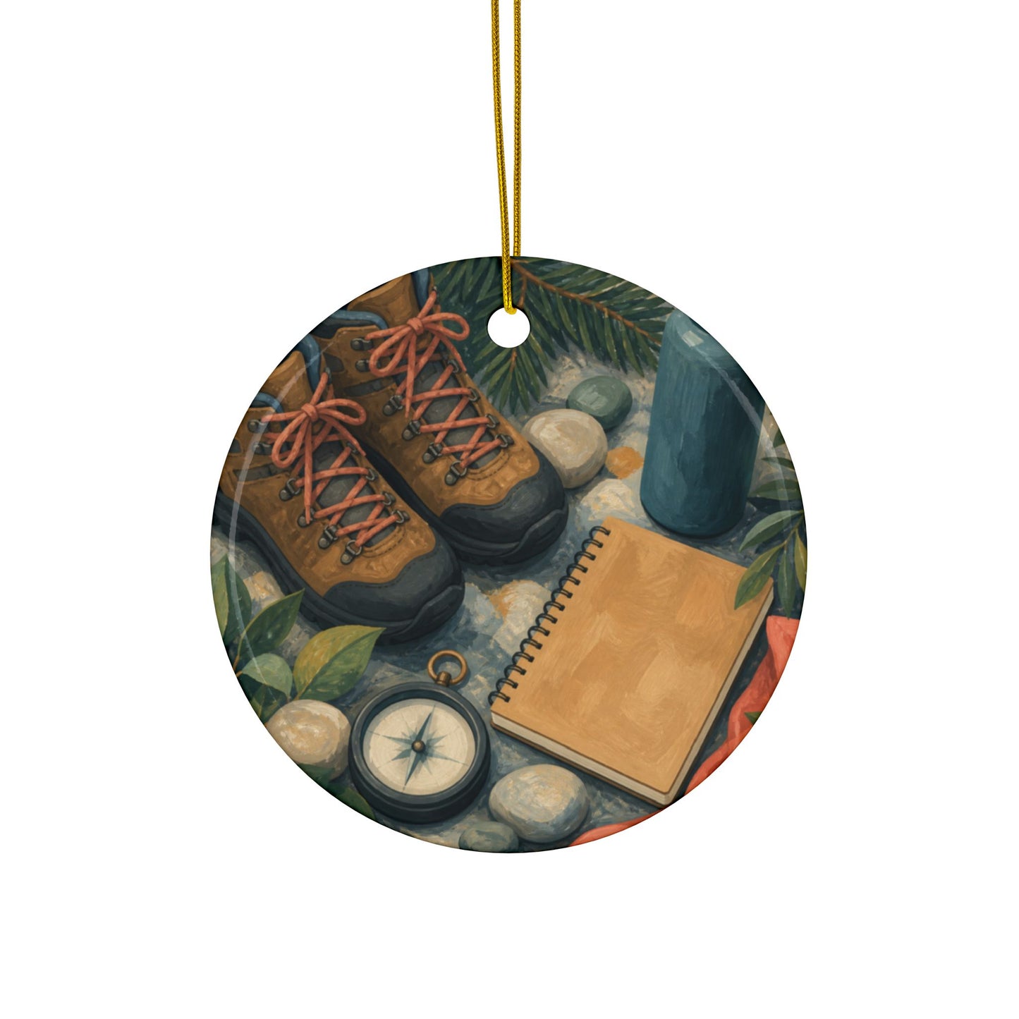 Quiet Hiking Trail Gear Art Ceramic Ornament, Holiday Keepsake and Gift