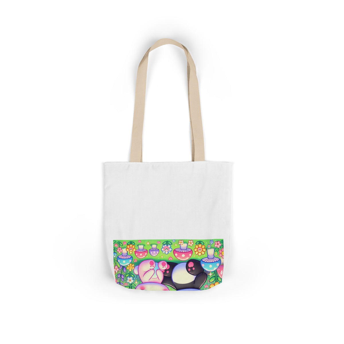 Pastel Panda and Bunny Rainbow Garden Canvas Tote Bag