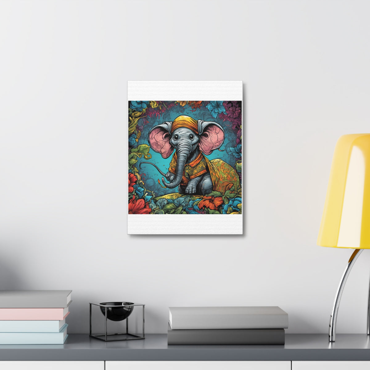 Colorful Storybook Elephant Floral Garden Canvas Wall Art