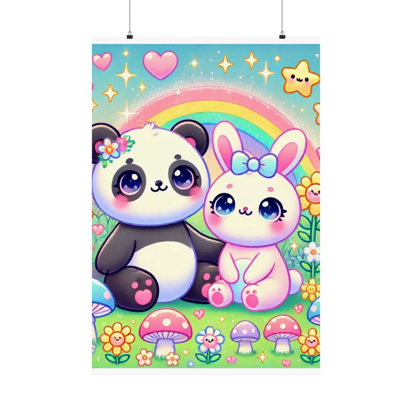 Pastel Panda and Bunny Rainbow Garden Wall Art Poster